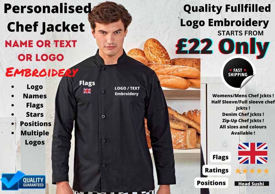 Personalised Chef Jacket, Custom Chef Embroidery, Name, Text, Logo