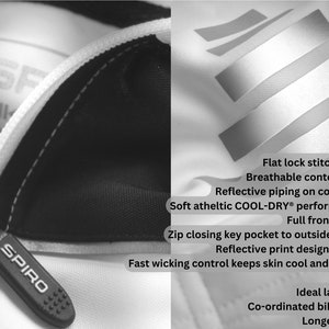 May include: A black and white close-up of a zipper on a white cycling jersey with the text "SPIRO" on the zipper pull. The jersey features reflective piping and a full front zip opening. The text "Flat lock stitch side seams, Breathable contour fit panels, Reflective piping on contour panels, Soft atheltic COOL-DRY&reg; performance fabric, Full front zip opening, Zip closing key pocket to outside centre back, Reflective print design central back, Fast wicking control keeps skin cool and comfortable, Comfort fit, Ideal layer garment, Co-ordinated bikewear range, Longer back panel" is visible on the right side of the image.