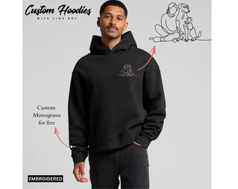 Embroidered Sketch Portrait Hoodies, Custom Outline Drawing Comfy Hoody, Personalised Couples Date On Sleeve Jumpers, Memorial Gifts for him