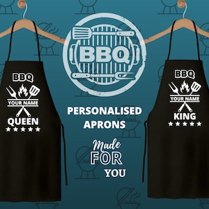 Personalised King / Queen of the BBQ Apron Baking Custom Name / Text /Phrases Apron Home Cooking BBQ Chef Several Colours Available