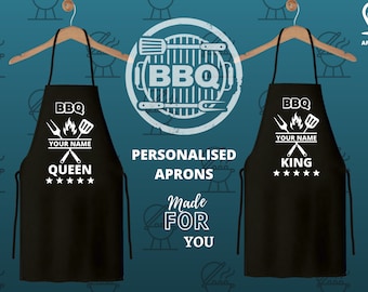 Personalised King / Queen of the BBQ Apron Baking Custom Name / Text /Phrases Apron Home Cooking BBQ Chef Several Colours Available