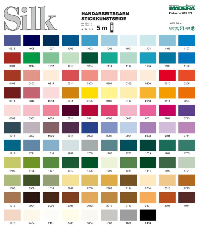 May include: A color chart with 100% silk embroidery thread. The chart is divided into 10 rows and 12 columns, with each square containing a different color of thread. The chart is labeled with the brand name "MADERA" and the text "Farbkarte WFK 121".