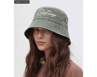 Bestickter Unisex Vintage Fischerhut mit einem beliebigen Textlogo oder Monogramm