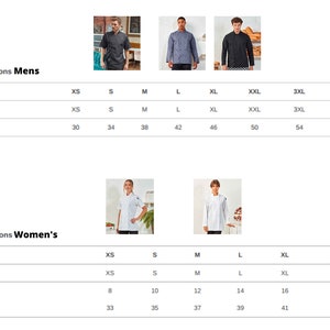 May include: Size conversion chart for chef jackets. The chart shows the corresponding chest measurements in inches for different sizes, including XS, S, M, L, XL, XXL, 3XL, and 4XL.