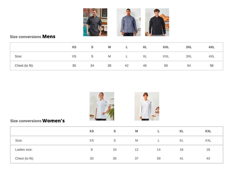 May include: Size conversion chart for chef jackets. The chart shows the corresponding chest measurements in inches for different sizes, including XS, S, M, L, XL, XXL, 3XL, and 4XL.