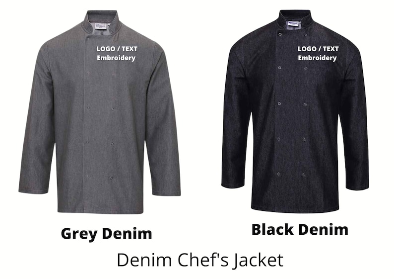 May include: Two denim chef jackets, one grey and one black, with the text "LOGO/TEXT Embroidery" on the left chest.
