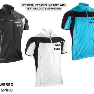May include: Three cycling jerseys with black, white, and blue color schemes. Each jersey has a zipper closure and a black and white stripe design. The text "LOGO TEXT" is embroidered on each jersey.