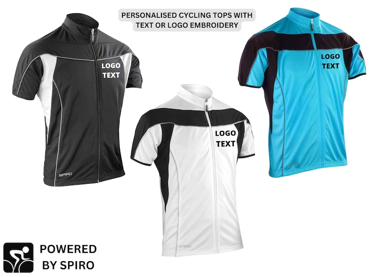 May include: Three cycling jerseys with black, white, and blue color schemes. Each jersey has a zipper closure and a black and white stripe design. The text "LOGO TEXT" is embroidered on each jersey.