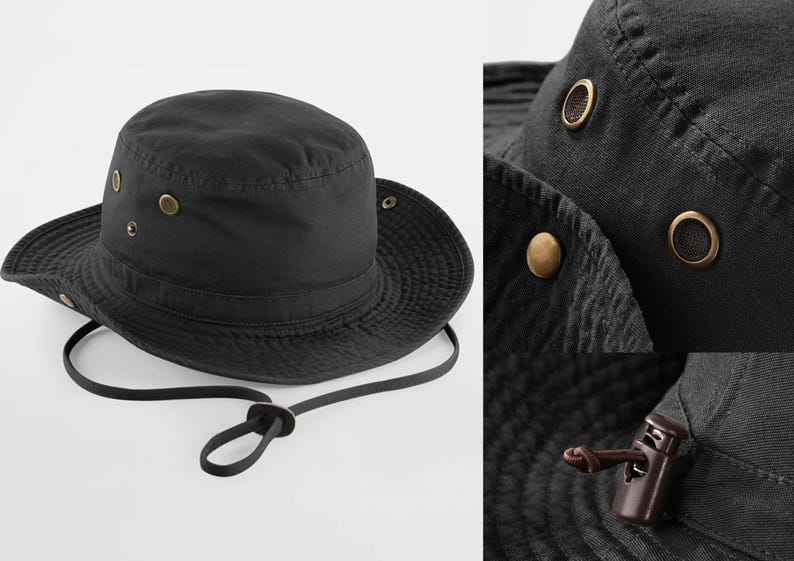 Puede incluir: Sombrero de pescador negro con ala ancha y correa para la barbilla. El sombrero tiene ojales de color lat&oacute;n y un cierre de palanca. Fabricado con tejido texturizado y duradero, adecuado para actividades al aire libre.