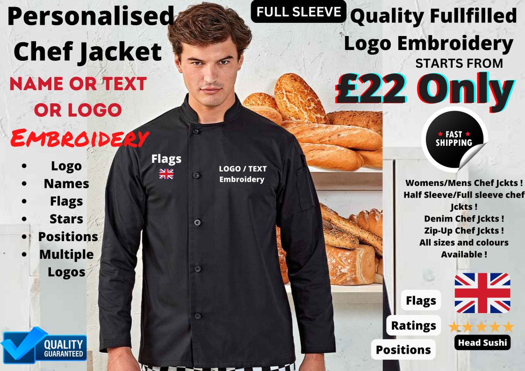 Personalised Chef Jacket, Custom Chef Embroidery, Name, Text, Logo