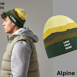 May include: A green, yellow, and white striped beanie with the text "LOGO TEXT HERE" on the front. The beanie is made of a soft, comfortable material and is perfect for keeping your head warm in the winter.
