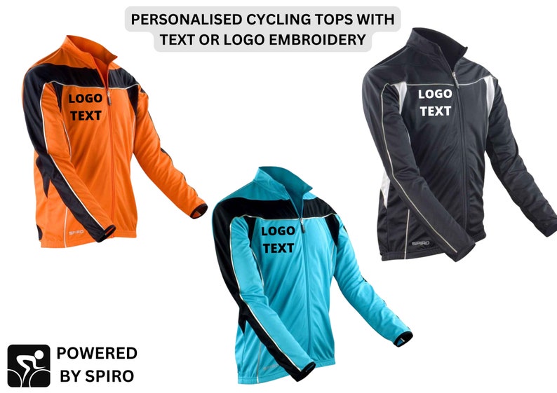 May include: Three cycling tops with black, orange, and blue color combinations. Each top has a zipper closure and a black stripe across the chest with the text "LOGO TEXT" printed in black. The tops are long-sleeved and have reflective piping on the sleeves and sides.