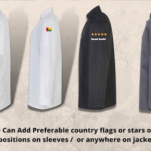 May include: Four long-sleeved shirts with different colors and embroidery. The first shirt is white with a UK flag on the sleeve. The second shirt is white with a flag of Guinea-Bissau on the sleeve. The third shirt is black with five gold stars and the text "Head Sushi". The fourth shirt is gray with five gold stars and the text "Names or logos".