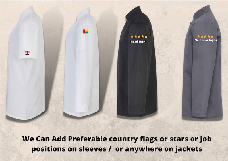 May include: Four long-sleeved shirts with different colors and embroidery. The first shirt is white with a UK flag on the sleeve. The second shirt is white with a flag of Guinea-Bissau on the sleeve. The third shirt is black with five gold stars and the text "Head Sushi". The fourth shirt is gray with five gold stars and the text "Names or logos".