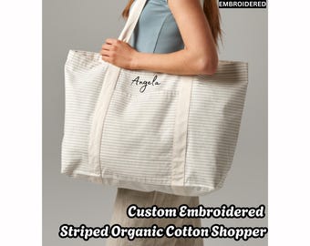 Embroidered Striped Organic Cotton Canvas Tote Bag, Personalized