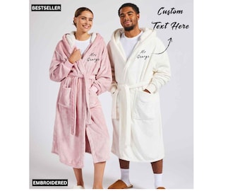 Personalised Plush Bathrobe for Men, Women, Custom Name Embroidered Monogram Dressing Gown, Night Robe, Couples Gift.