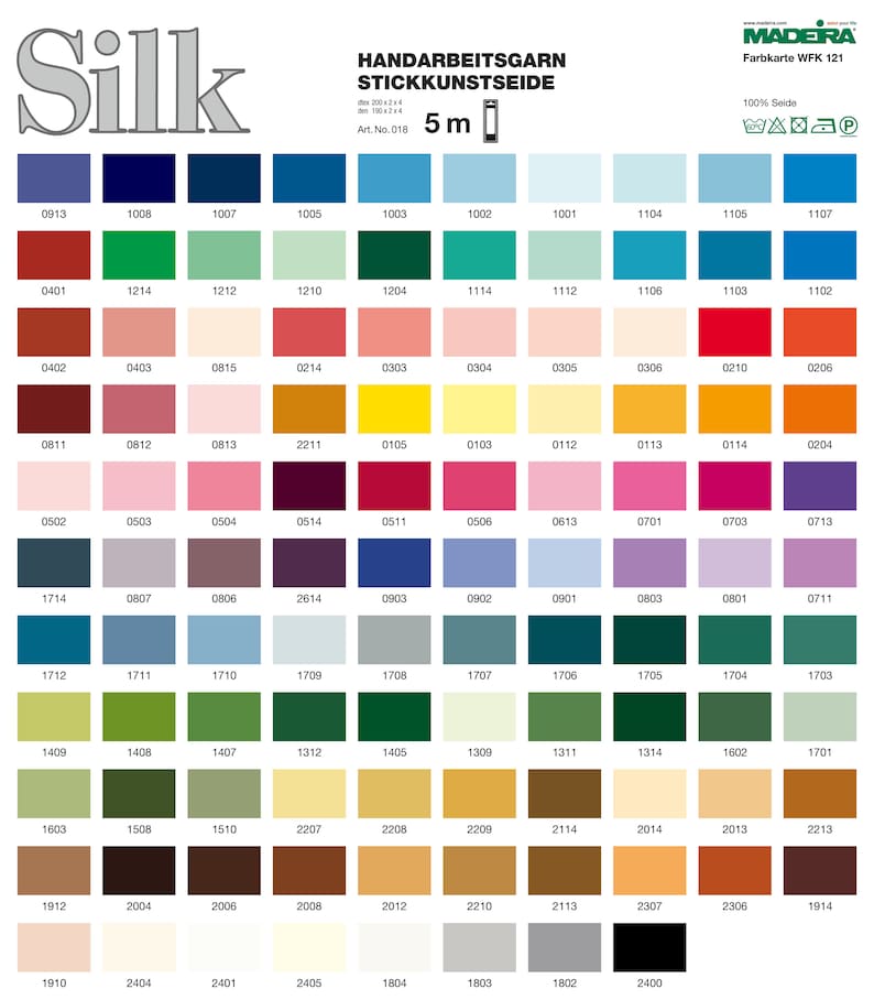 May include: A color chart for silk embroidery thread, featuring a wide array of hues. The chart displays a grid of numbered color swatches, ranging from blues and greens to pinks, yellows, and browns. The text "Silk" and "HANDARBEITSGARN STICKKUNSTSEIDE" are visible.