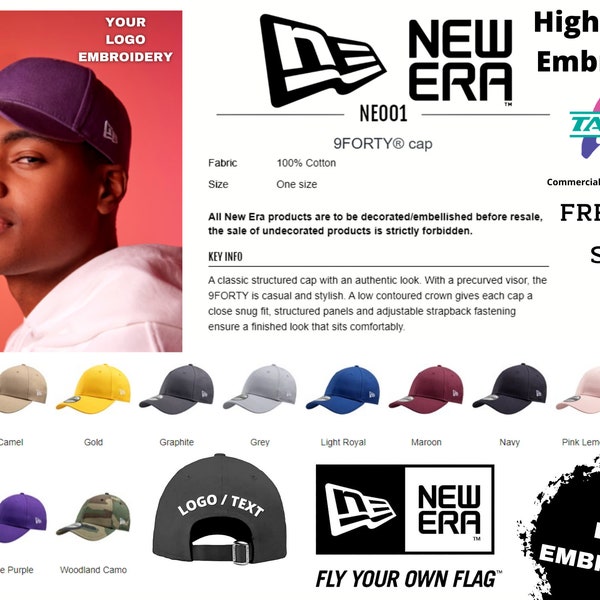 Custom Embroidered New Era/New Era Custom Logo Text Stitching Embroidery / NE001 / 9FORTY /Personalised New Era Hats / Hat Gift/Camo Hats