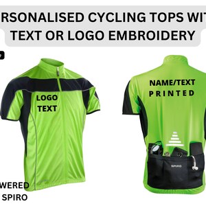 May include: A green and black short-sleeved cycling jersey with a zipper. The front of the jersey has a black panel with the text "LOGO TEXT". The back of the jersey has a black panel with the text "NAME/TEXT PRINTED".