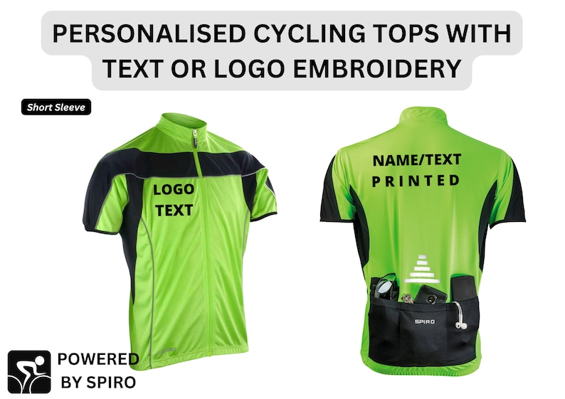 May include: A green and black short-sleeved cycling jersey with a zipper. The front of the jersey has a black panel with the text "LOGO TEXT". The back of the jersey has a black panel with the text "NAME/TEXT PRINTED".
