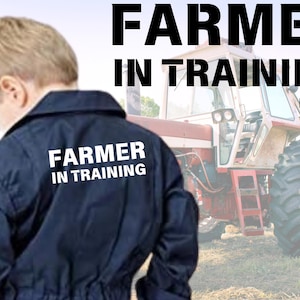Personalised kids Coverall farmer in training tractor overalls, kids navy Printed boilersuit, kids designer Coverall