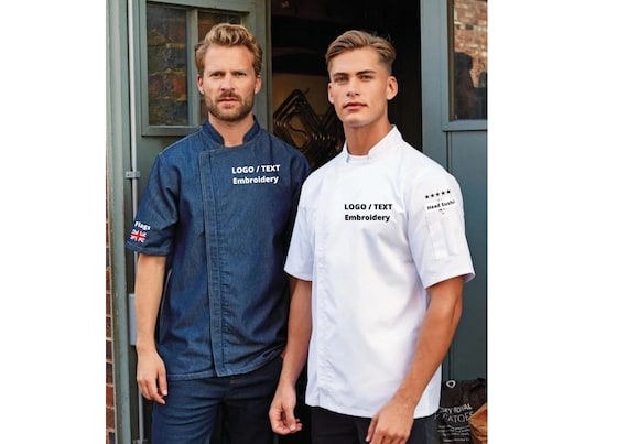 Personalized Denim Chef Jacket with Custom Embroidery, Unisex Short Sleeve