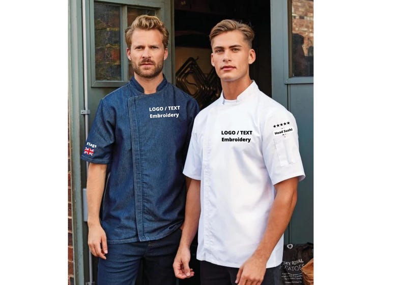 May include: Two people wearing chef coats. One is denim blue with a British flag patch and the text "LOGO / TEXT Embroidery". The other is white with the text "LOGO / TEXT Embroidery" and "Head Sushi".