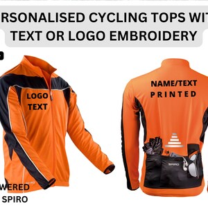 May include: Orange and black long-sleeve cycling jersey with a zipper. The jersey has a black stripe down the arms and a reflective strip on the back. The text "LOGO TEXT" is embroidered on the front and "NAME/TEXT PRINTED" is on the back.