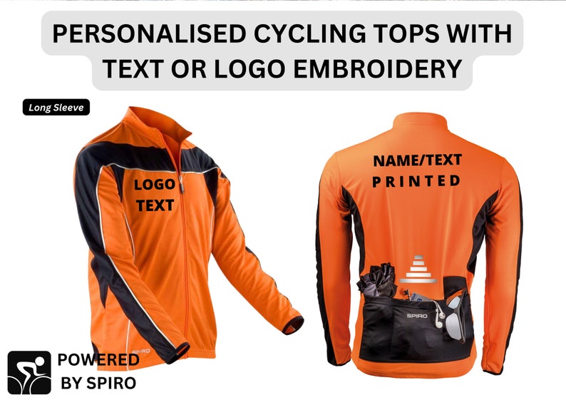 May include: Orange and black long-sleeve cycling jersey with a zipper. The jersey has a black stripe down the arms and a reflective strip on the back. The text "LOGO TEXT" is embroidered on the front and "NAME/TEXT PRINTED" is on the back.