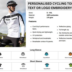 May include: A white cycling jersey with black accents and the text "TEXT LOGO" on the front. The jersey is available in long and short sleeve styles and in a variety of colors. The jersey is made of 100% polyester and is windproof and breathable.