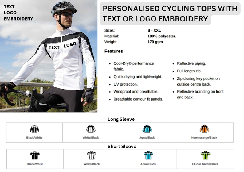 May include: A white cycling jersey with black accents and the text "TEXT LOGO" on the front. The jersey is available in long and short sleeve styles and in a variety of colors. The jersey is made of 100% polyester and is windproof and breathable.