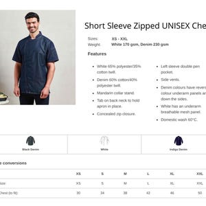 May include: A short-sleeve, unisex chef's jacket in dark denim. The jacket features a mandarin collar, concealed zip closure, and a left sleeve pen pocket. Available in sizes XS to XXL. The chest size ranges from 30 to 50 inches.