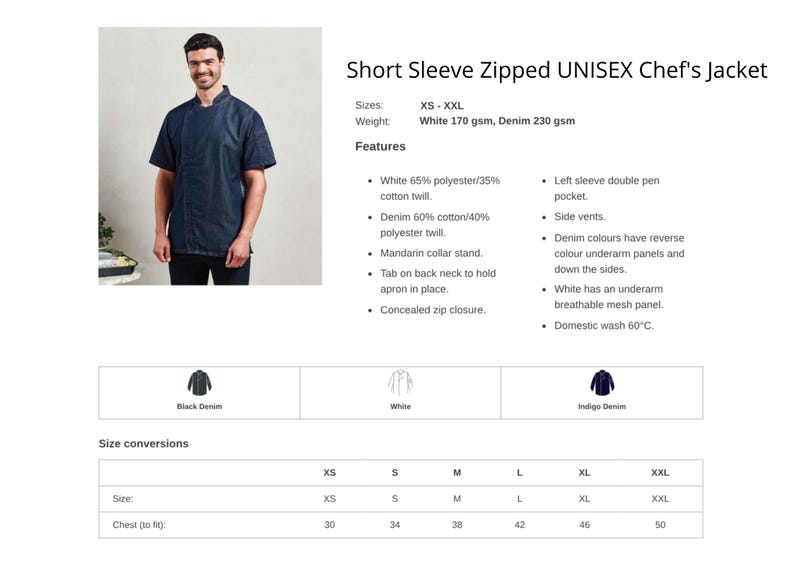 May include: A short-sleeve, unisex chef's jacket in dark denim. The jacket features a mandarin collar, concealed zip closure, and a left sleeve pen pocket. Available in sizes XS to XXL. The chest size ranges from 30 to 50 inches.