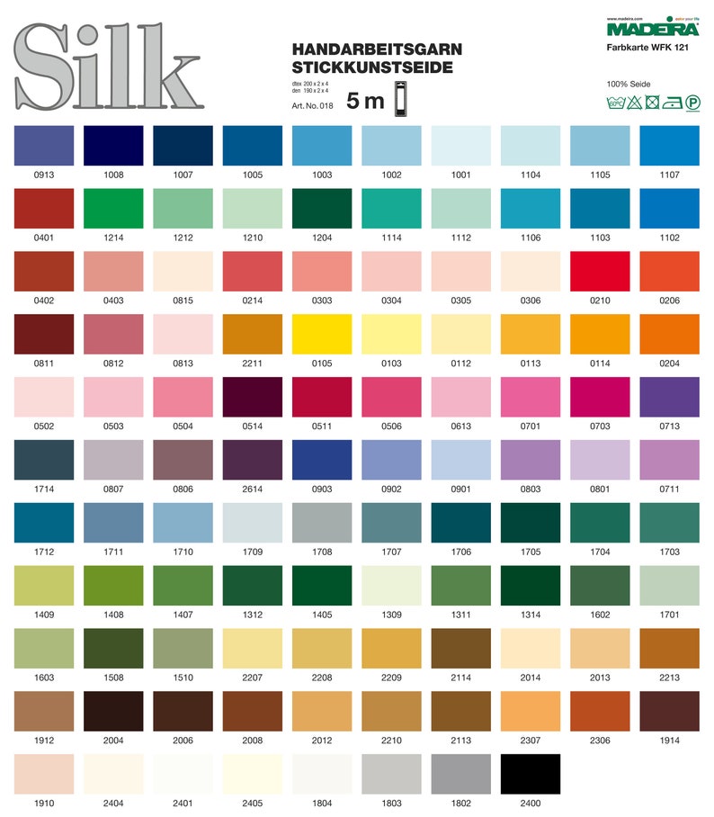 Puede incluir: Carta de colores de hilo de bordar de seda Madeira. La tabla presenta una cuadr&iacute;cula de muestras de color, cada una con un c&oacute;digo &uacute;nico. Los colores van desde azules y verdes hasta rosas, amarillos y marrones. El texto 'Silk' est&aacute; en la parte superior.