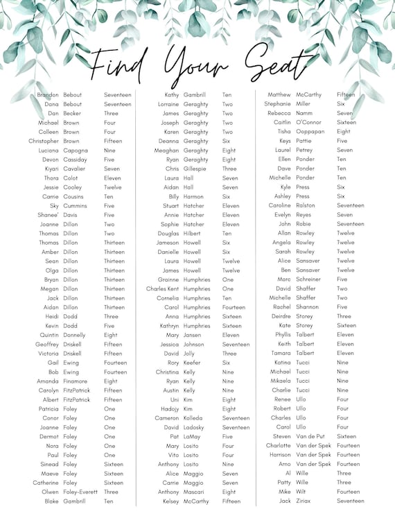Digital Wedding Seating Chart Etsy