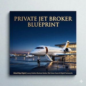 May include: A square book cover titled PRIVATE JET BROKER BLUEPRINT in gold lettering. The image features a white private jet parked on a wet tarmac at dusk, with stairs deployed. The bottom text reads Global Edge Digital | Luxury Aviation Business Guides, Elite Career Assets & Digital Frameworks.