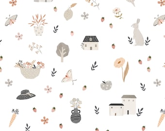Happy Home in White - House and Home Collection by Poppie Cottons - Premium Cotton Fabric - sold in 1/2 yard increments