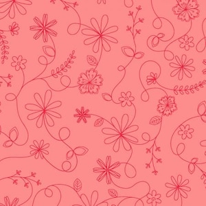 May include: A seamless pattern featuring pink flowers and leaves on a light pink background. The flowers are drawn in a simple, stylized manner, with delicate lines and curves.