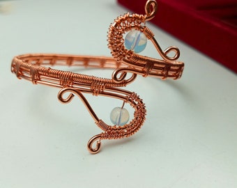 Crystal Opalite Gemstone Rose Gold Plated Cuff Bangles, Bohemian Wire Cuff Bracelet ,Wire Jewelry,Boho Handmade Gift,Present Her~Gift Her~