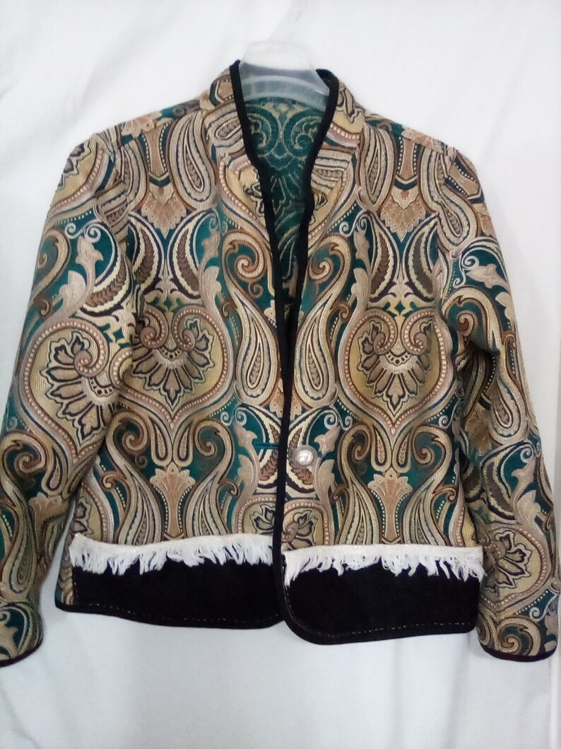 Woman's Jacquard jacket in gold, greens, and brown