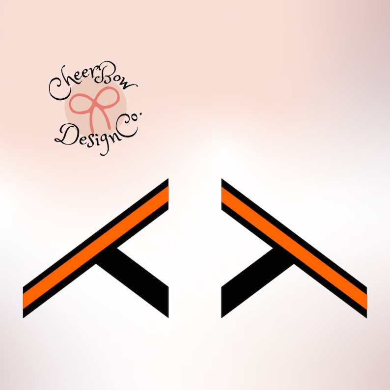 May include: Two black and orange chevron shapes. The shapes are mirrored images of each other. The chevron shapes are a popular design for cheerleading uniforms.