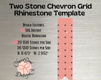 May include: A digital download template for a two-stone chevron grid rhinestone design. The template is pink with black rhinestones and measures 11.473 inches tall by 2.952 inches wide. The design features 29 SS16 stones per side and 36 SS10 stones per side.