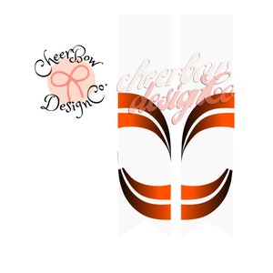 以下が含まれることがあります： 黒色の「Cheer Bow Design Co.」の文字とピンクのリボンが付いた白いバナーが3つ。バナーにはオレンジと茶色の曲線が2本描かれている。