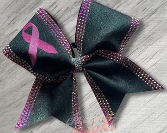 Breast Cancer Awareness Cheer Bow: Pink Ribbon, Rhinestone Trim