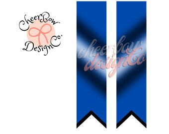 Könnte beinhalten: Zwei blaue Cheer-Schleifen mit schwarzem Besatz und einem weißen Verlaufseffekt. Die Schleifen tragen den Text "cheer bow design co." in rosa.