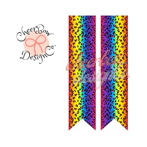 May include: Two rainbow-colored cheetah print ribbon ends with a pointed tip. The ribbon is a gradient of red, orange, yellow, green, blue, indigo, and violet.