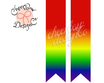 Könnte beinhalten: Zwei regenbogenfarbene Schleifenbänder mit einem spitz zulaufenden unteren Rand. Die Bänder sind rot, orange, gelb, grün, blau, indigo und violett.
