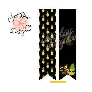 May include: Two black and yellow pineapple themed bookmarks. The left bookmark has a pineapple pattern. The right bookmark has the text "SPIKY ON THE OUTSIDE" and "sweet on the inside" with a pineapple wearing sunglasses.