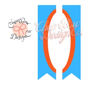 May include: A banner design with a light blue background and a central orange oval. The banner has a white interior and a pointed bottom. The logo "Cheer Bow Design Co." is in the upper left corner.
