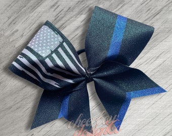 Thin Blue Line Cheer Bow: Police Support, Glitter Grosgrain Ribbon
